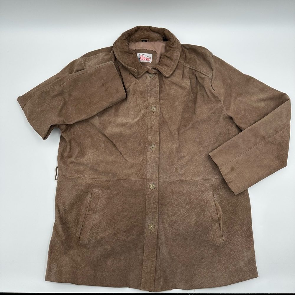 Vintage Orvis Womens XL Button Leather Pea Trench Jacket‎ Coat Brown FLAWS READ